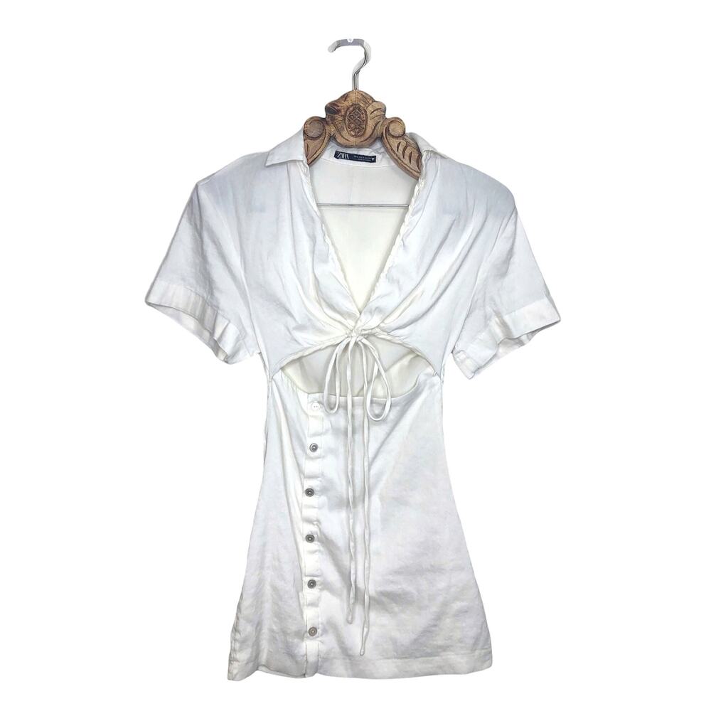 Zara Dress White Collared Mini Twist Midriff Cutout Button Side Linen Blend S